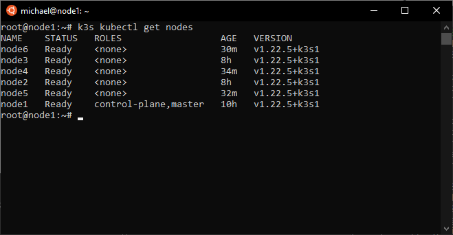 k3s server and nodes listed using `kubectl get nodes` command