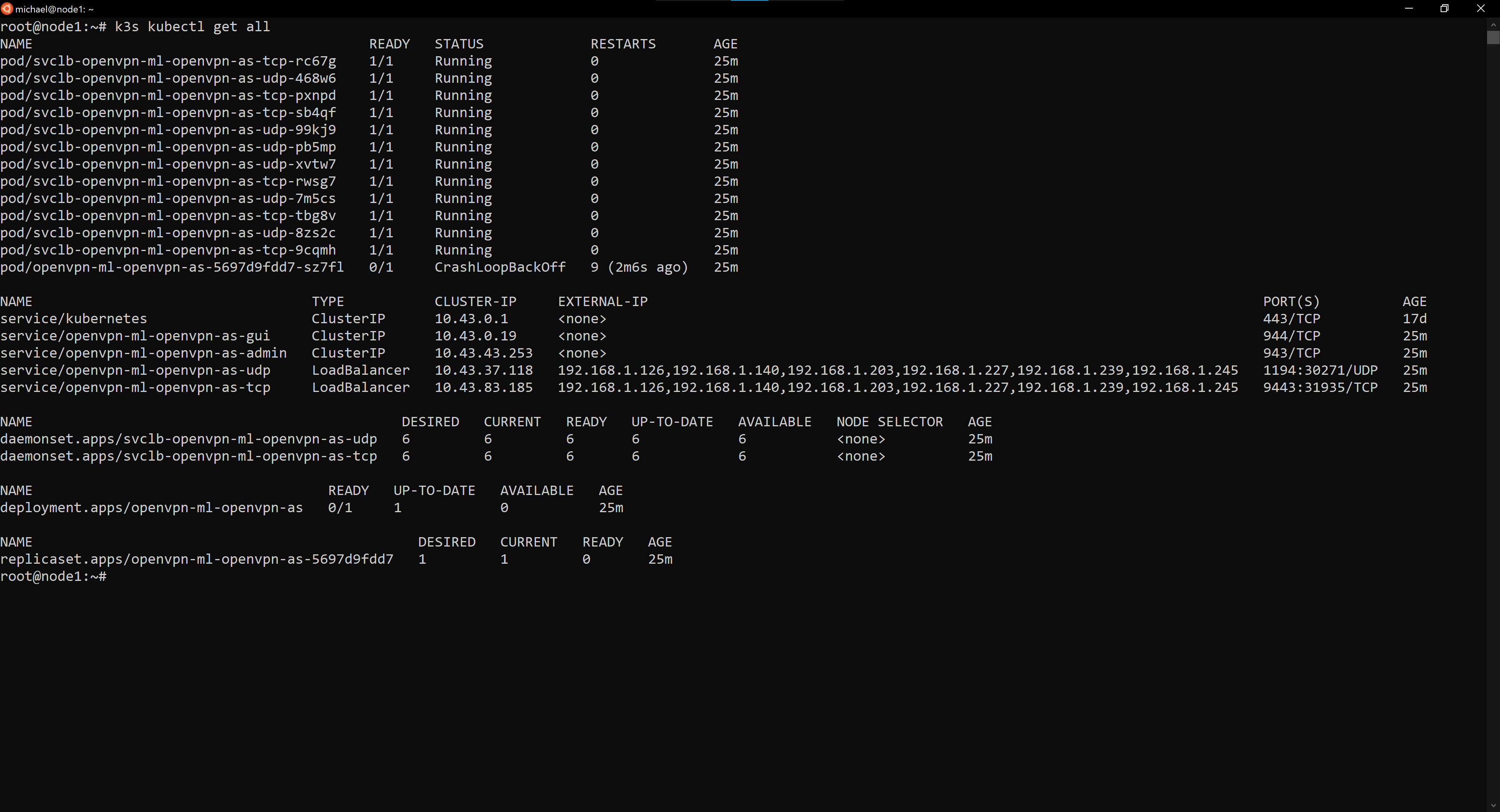 screenshot of terminal output of k3s kubectl get all
