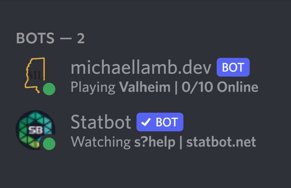 michaellamb.dev bot, presence status: "Playing Valheim, 0/10 online"