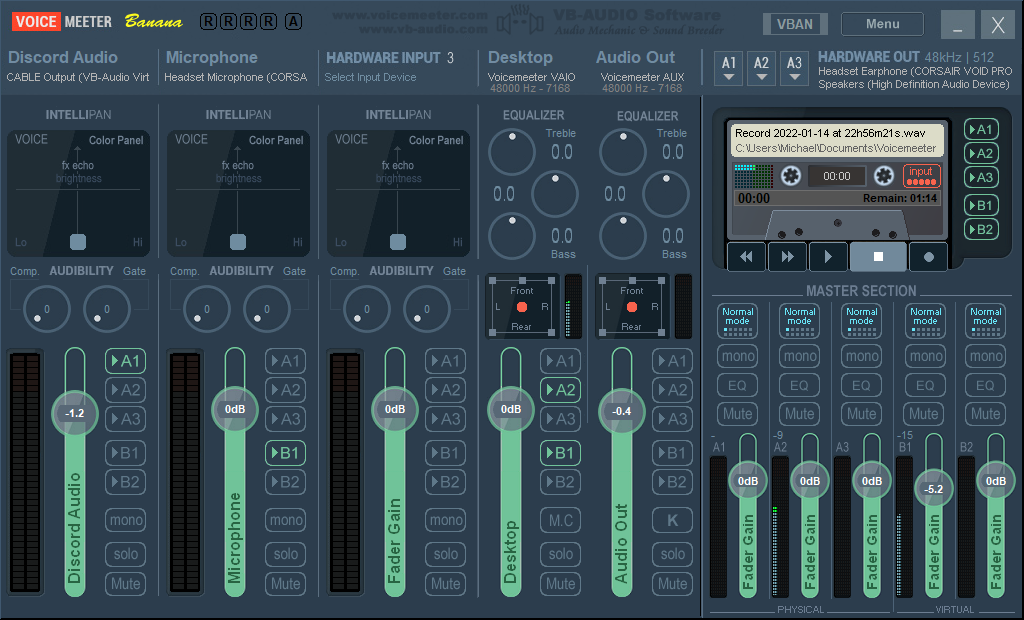 VoiceMeeter Banana displays audio inputs into the mixer and can be configured to go to any output using the A/B toggles